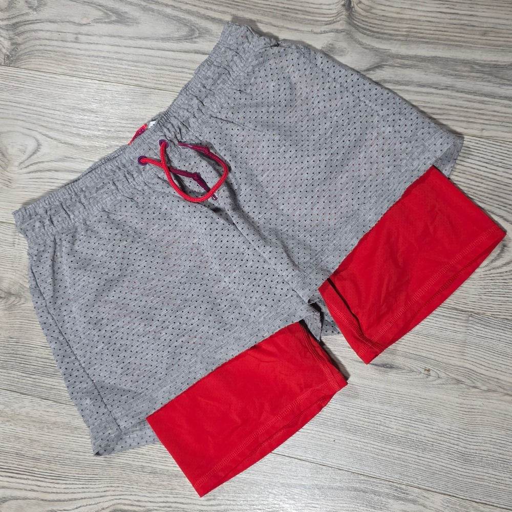 adidas 2-in-1 Mesh Layer Running Shorts - Gray and Red Orange - Womens Medium